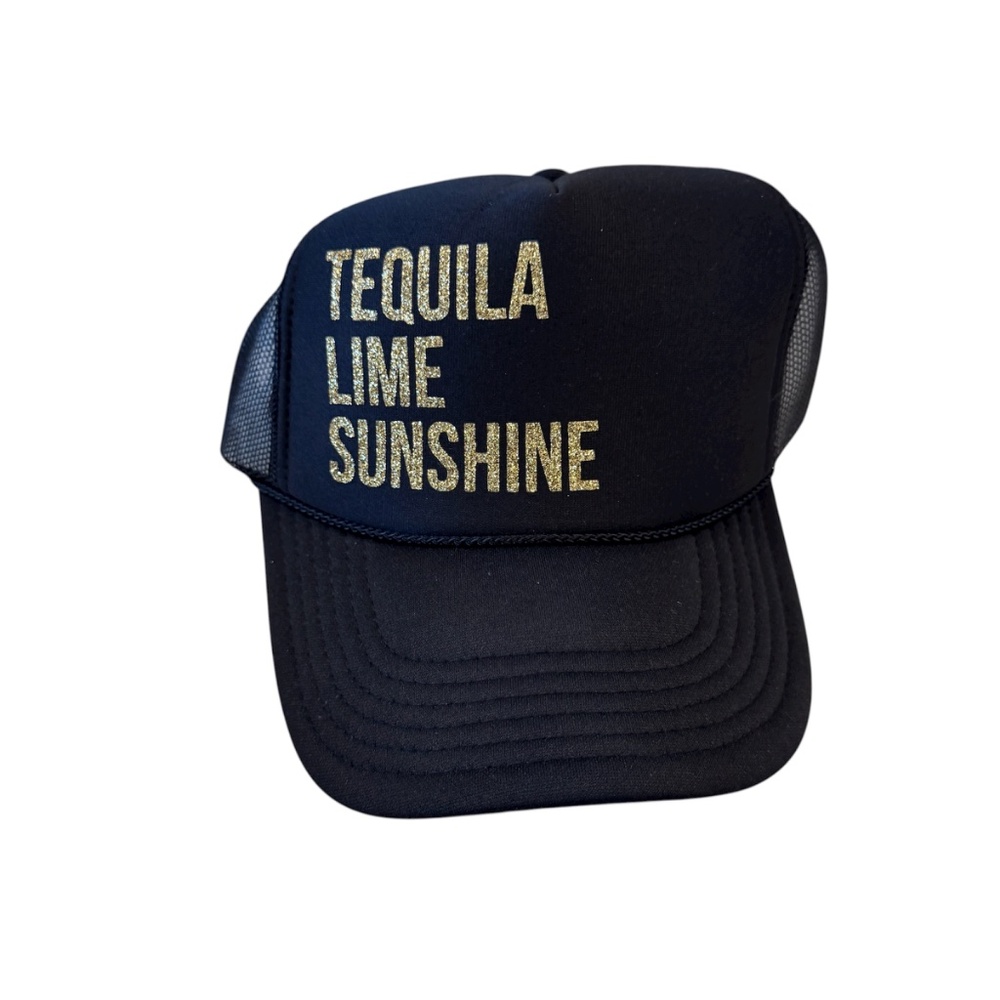 NWT Black trucker hat‎ with the Text "Tequilla Lime sunshine "in gold glitter